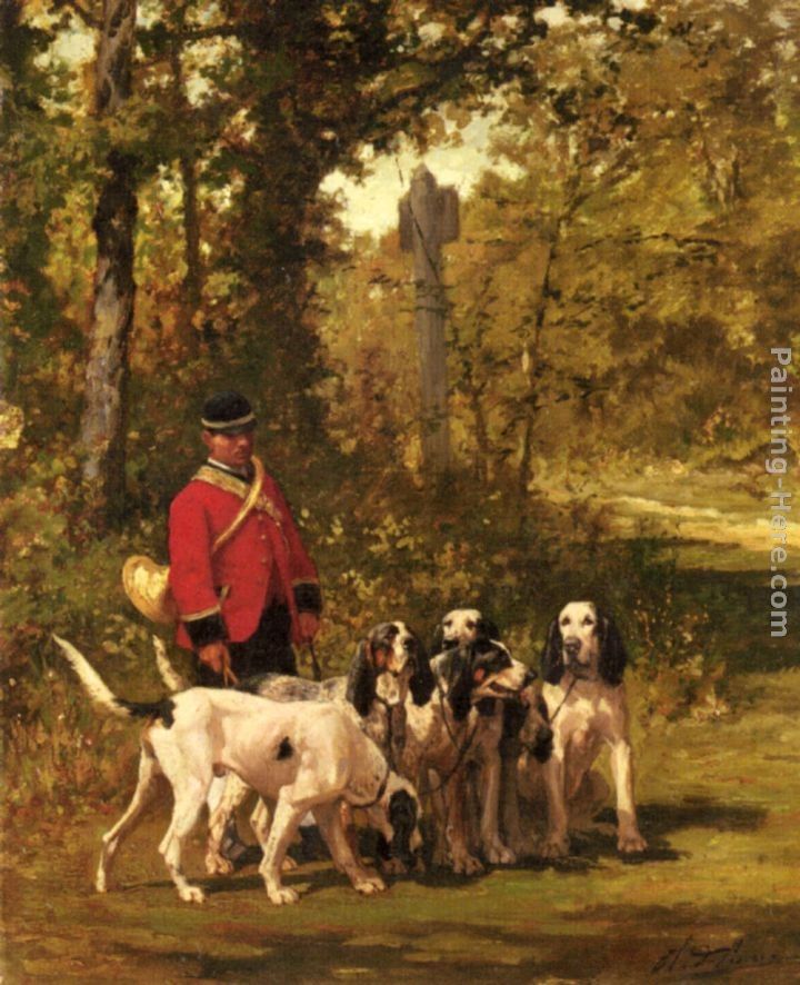 Charles Olivier De Penne A Huntmaster with his Dogs on a Forest Trail
